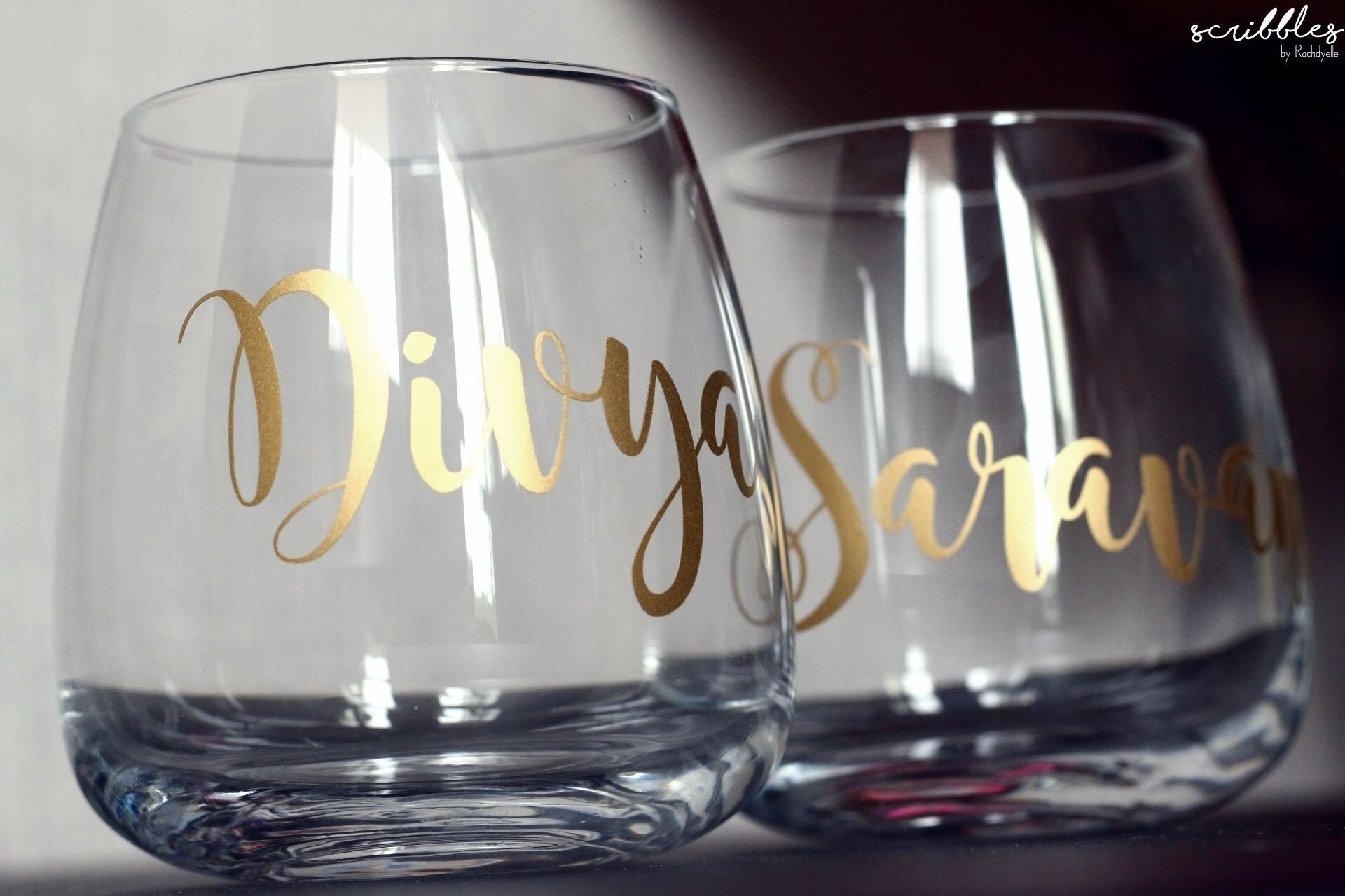 Personalised Stemless Wine Glass - Scribbles by Rachdyelle