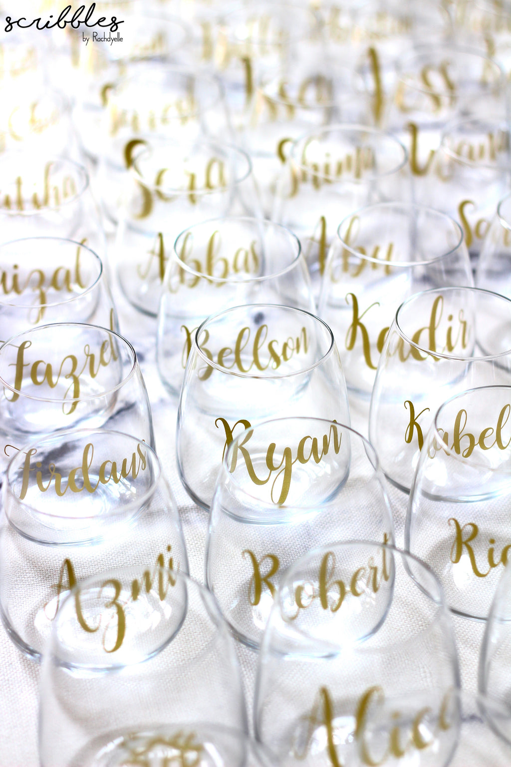 Personalised Stemless Wine Glass - Scribbles by Rachdyelle